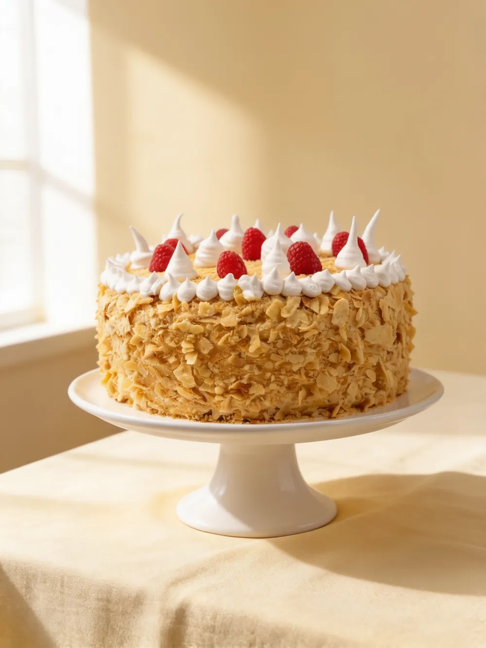 Torta Amor Signature sobre una base blanca, con merengues y frambuesas