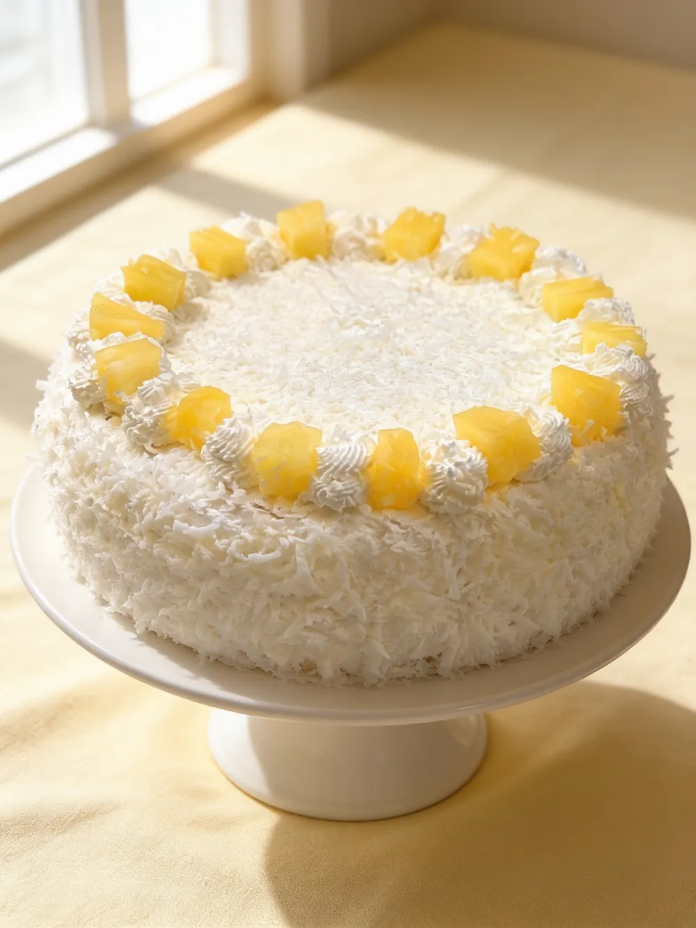 Torta Bizcocho Crema Piña cubierta de coco rallado