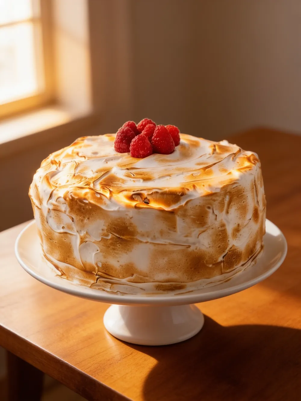 Torta cubierta de merengue tostado con frambuesas