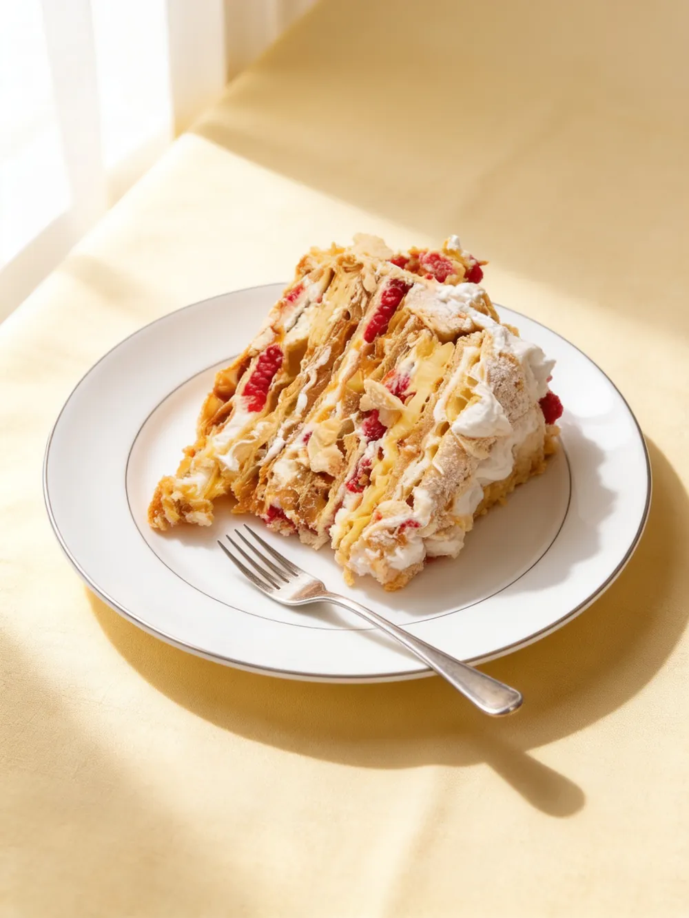 Rebanada de Torta Amor en plato de porcelana blanca