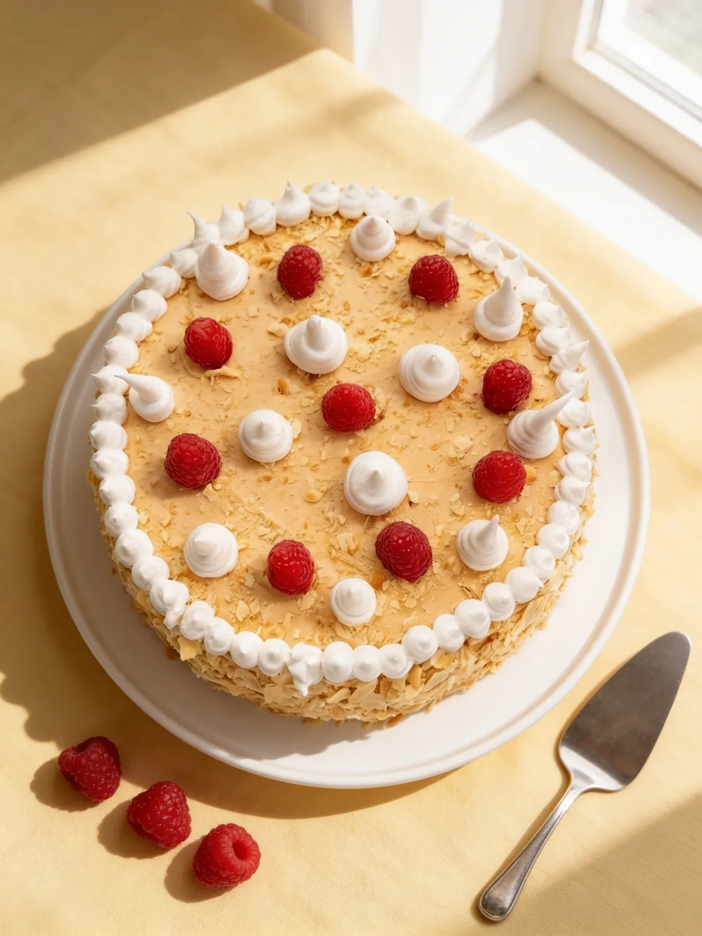 Torta Amor vista desde arriba, con merengues y frambuesas