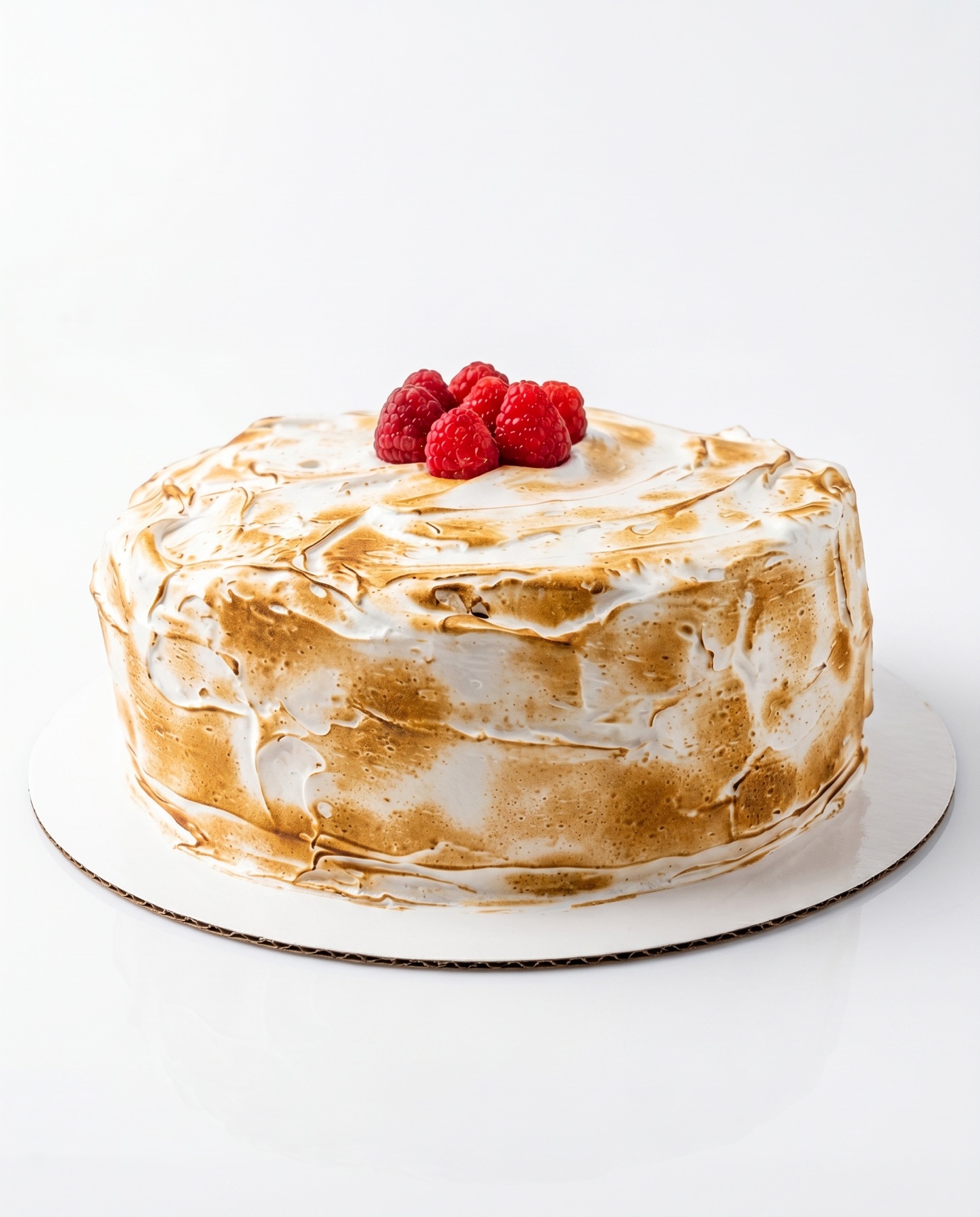 Torta de merengue tostado coronada con frambuesas frescas
